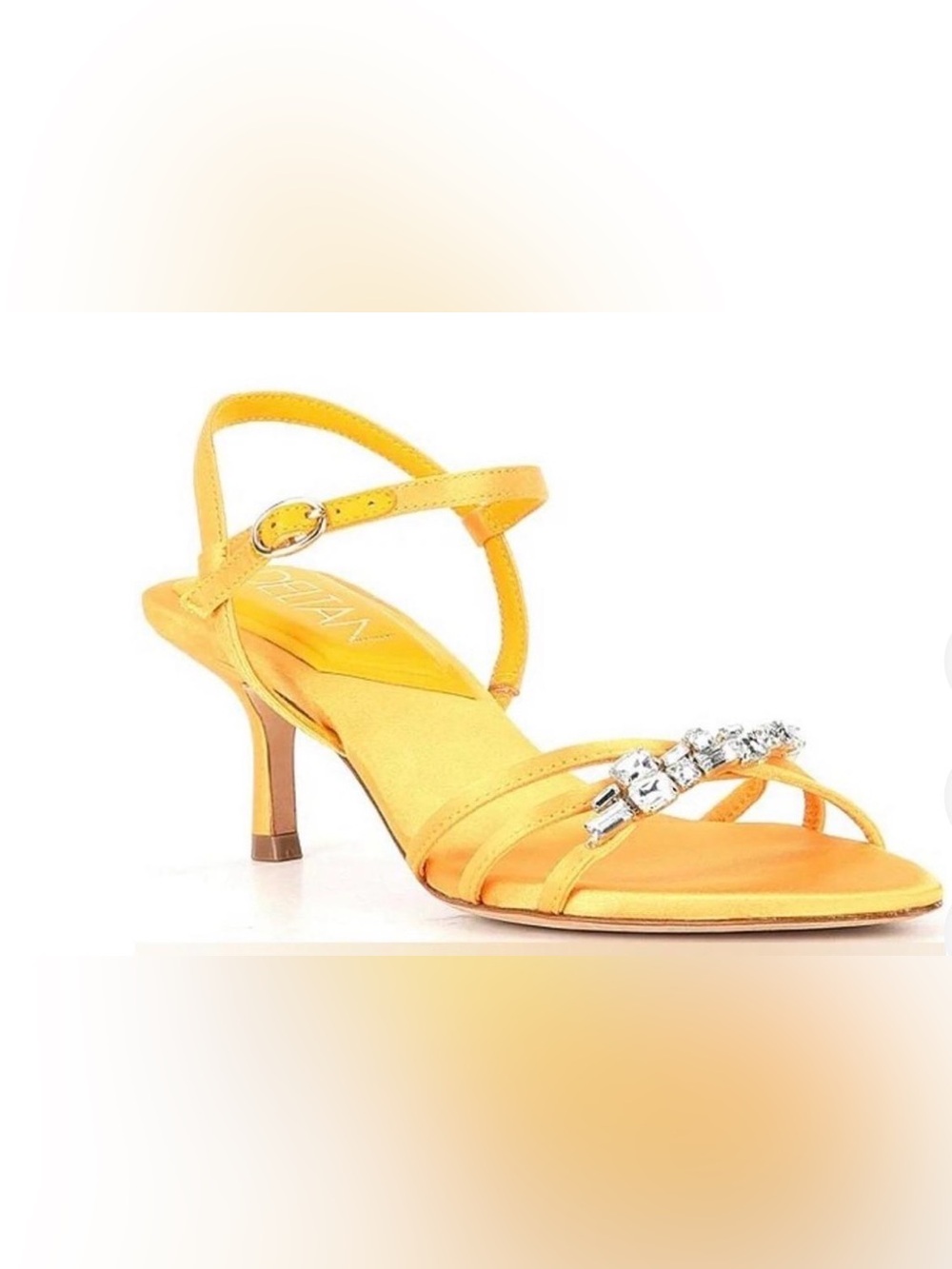 NWT Deltan Gold Satin Crystal Rhinestone Strappy Heels